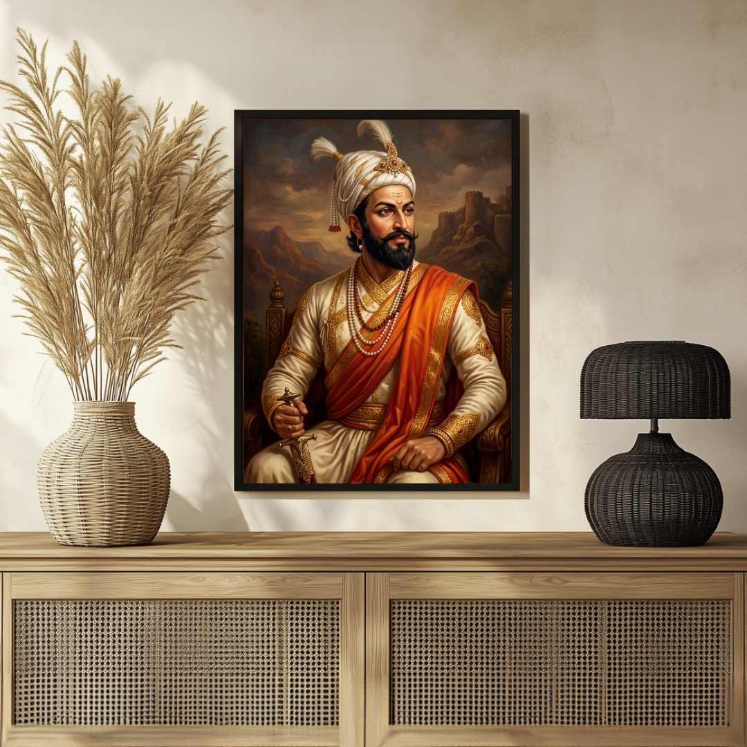Chhatrapati Shivaji Maharaj Portrait Painting | Vertical Black Framed Wall Art 2 : 3 Vertical Premium Wall Art Canvas by MeriDeewar