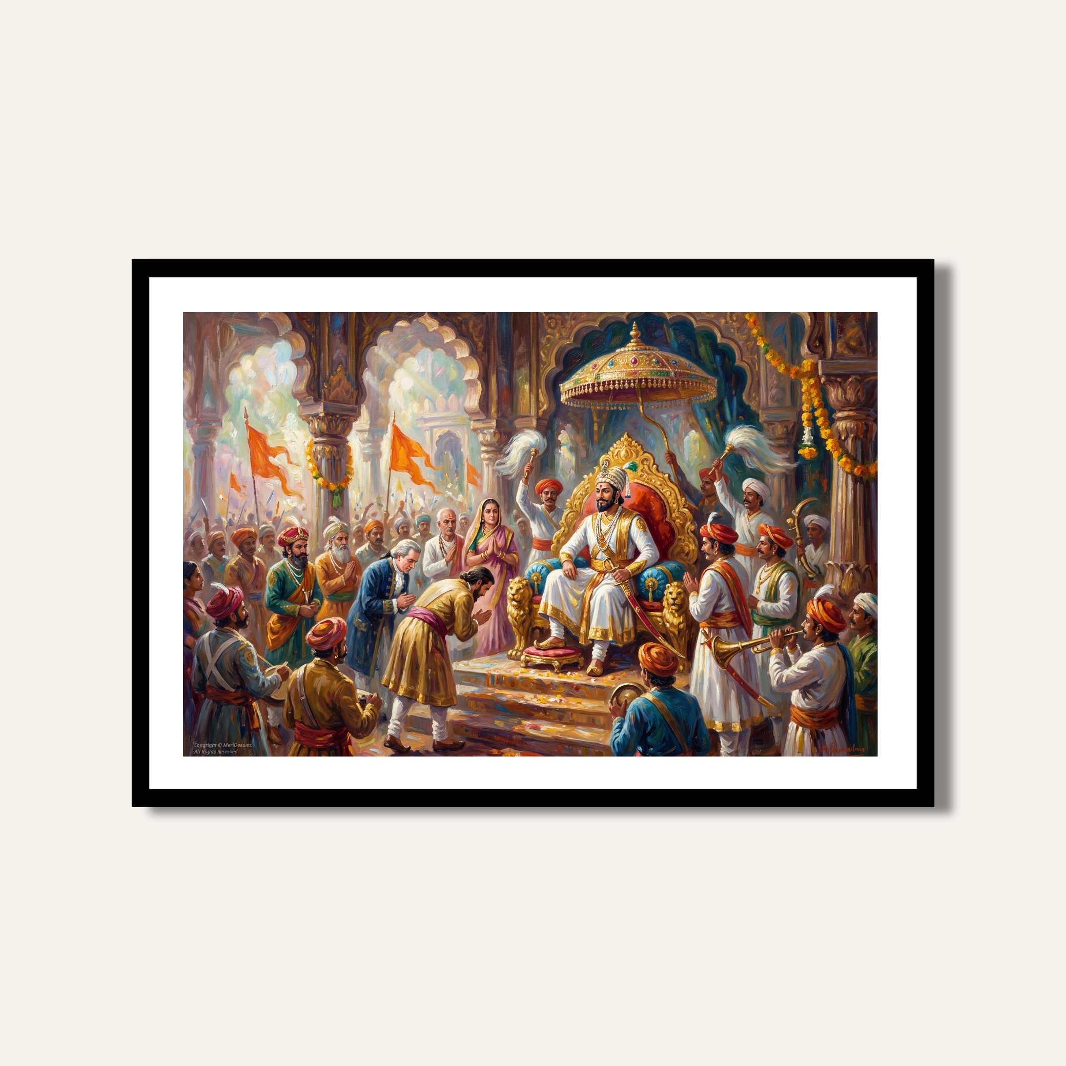 Chhatrapati Shivaji Maharaj Rajyabhishek Painting | Horizontal Black Framed Wall Art 3 : 2 Horizontal Premium Wall Art Canvas by MeriDeewar
