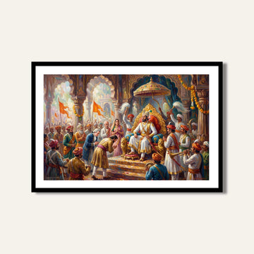 Chhatrapati Shivaji Maharaj Rajyabhishek Painting | Horizontal Black Framed Wall Art 3 : 2 Horizontal Premium Wall Art Canvas by MeriDeewar