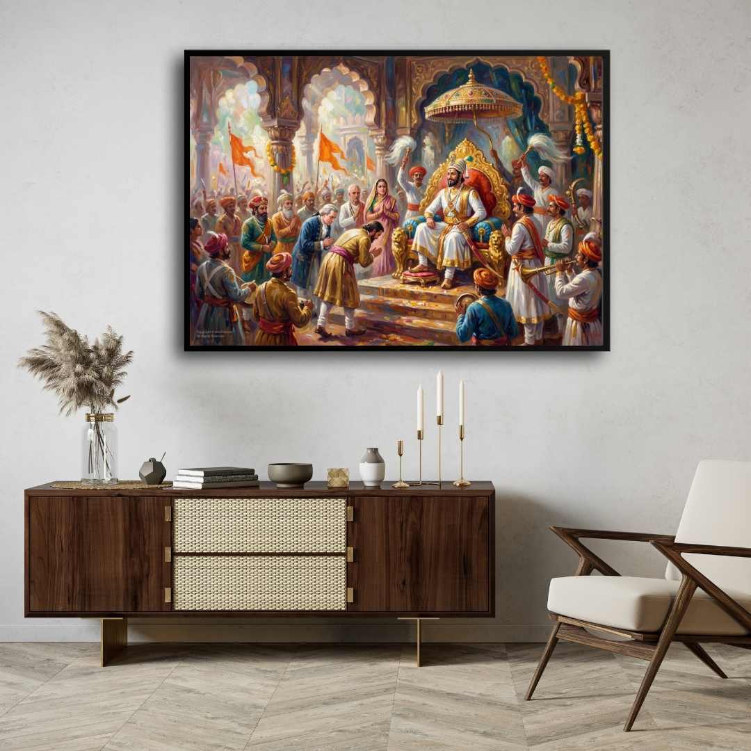 Chhatrapati Shivaji Maharaj Rajyabhishek Painting | Horizontal Black Framed Wall Art 3 : 2 Horizontal Premium Wall Art Canvas by MeriDeewar