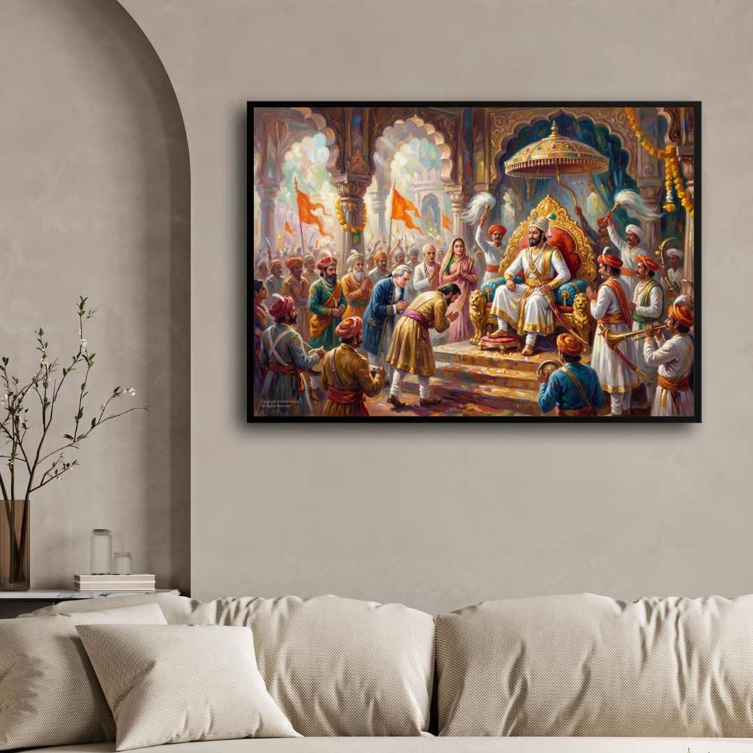 Chhatrapati Shivaji Maharaj Rajyabhishek Painting | Horizontal Black Framed Wall Art 3 : 2 Horizontal Premium Wall Art Canvas by MeriDeewar