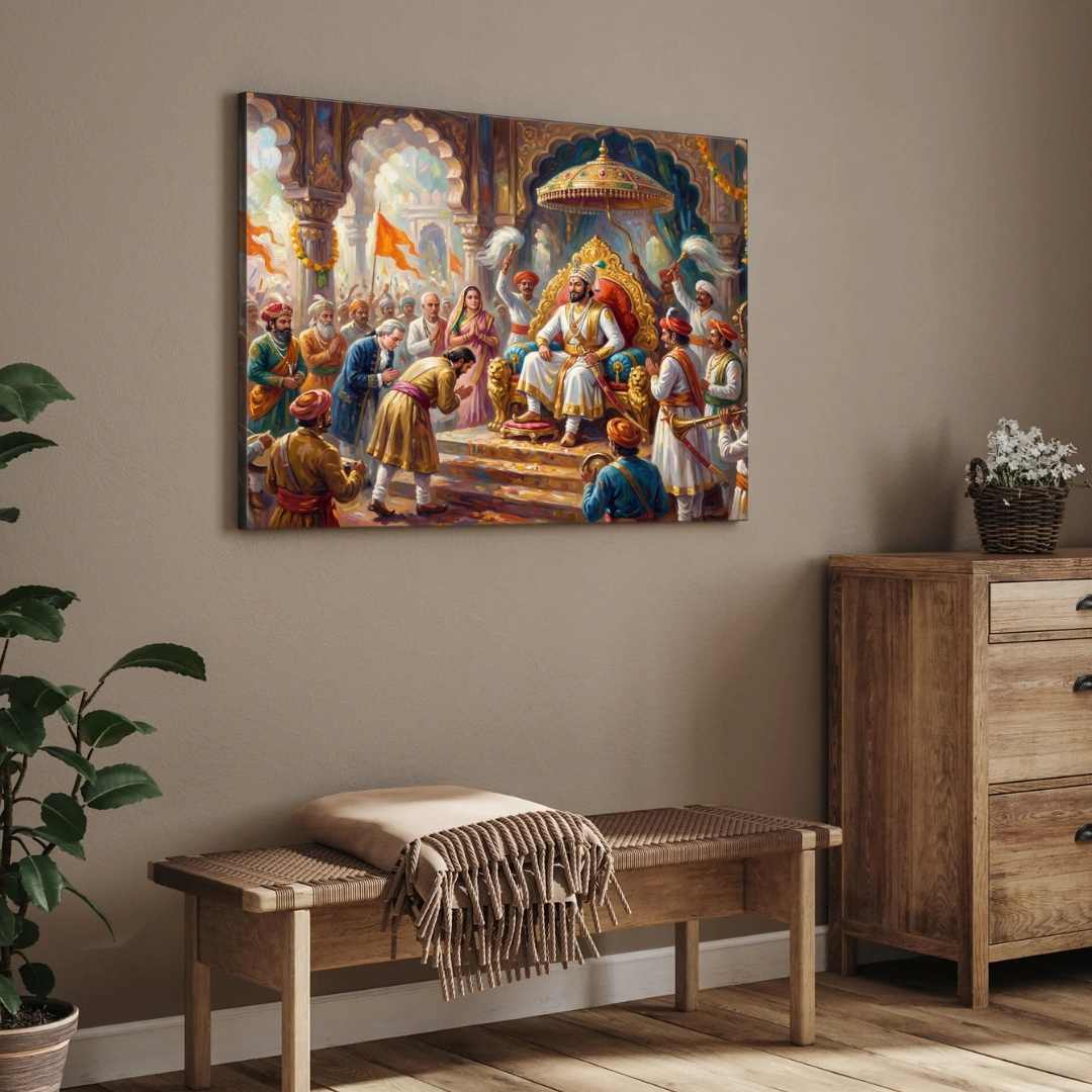 Chhatrapati Shivaji Maharaj Rajyabhishek Painting | Horizontal Black Framed Wall Art 3 : 2 Horizontal Premium Wall Art Canvas by MeriDeewar
