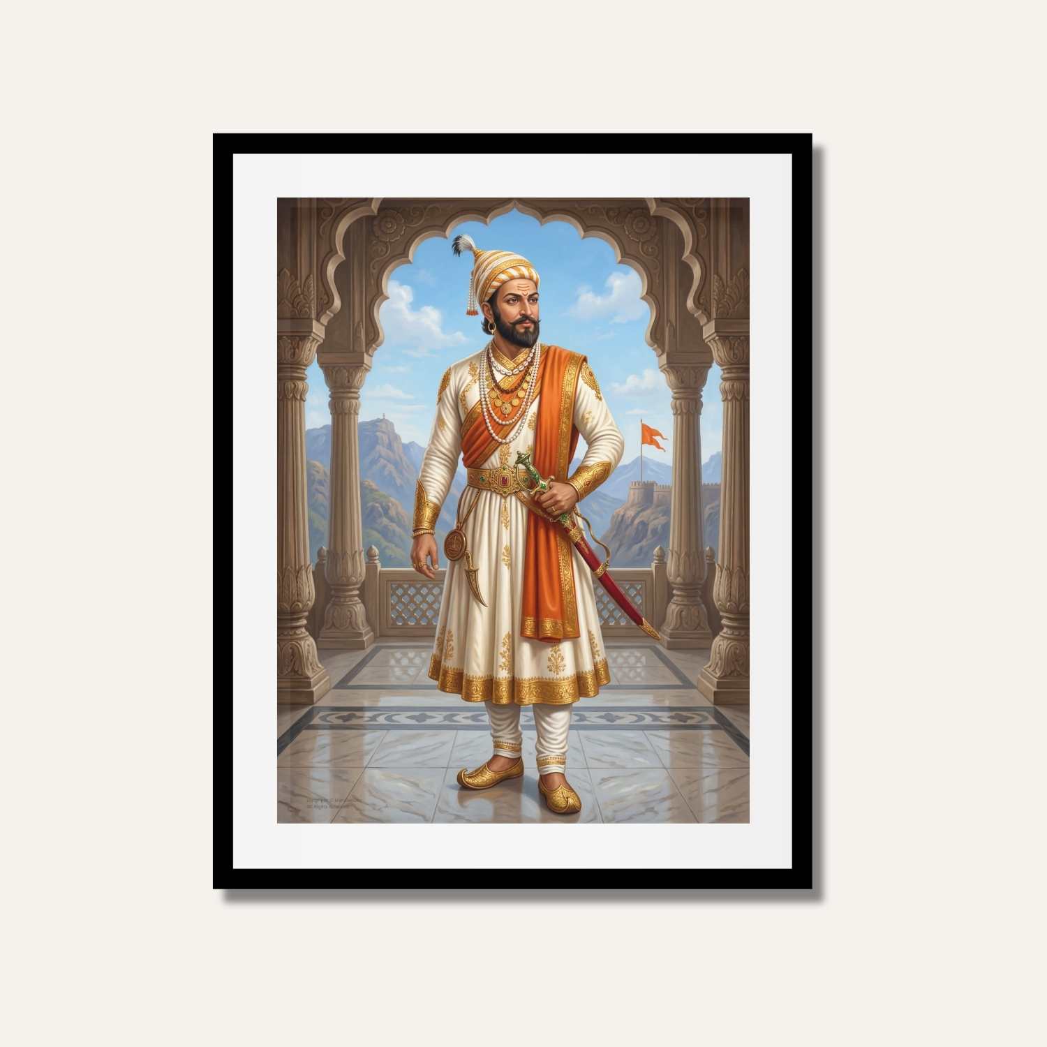 Chhatrapati Shivaji Maharaj Regal Portrait Painting | Vertical Black Framed Wall Art 3 : 4 Vertical Premium Wall Art Canvas by MeriDeewar