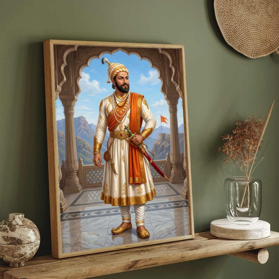 Chhatrapati Shivaji Maharaj Regal Portrait Painting | Vertical Black Framed Wall Art 3 : 4 Vertical Premium Wall Art Canvas by MeriDeewar