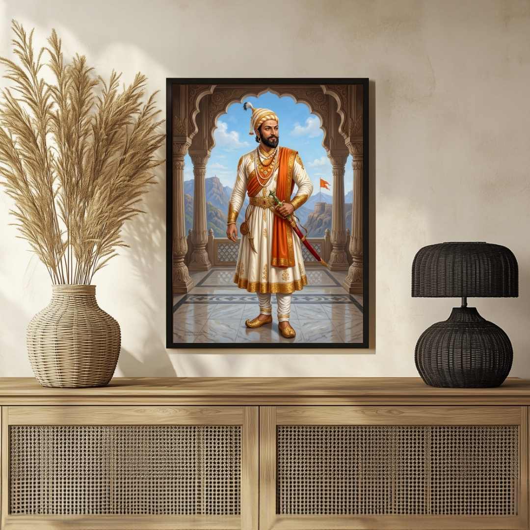 Chhatrapati Shivaji Maharaj Regal Portrait Painting | Vertical Black Framed Wall Art 3 : 4 Vertical Premium Wall Art Canvas by MeriDeewar