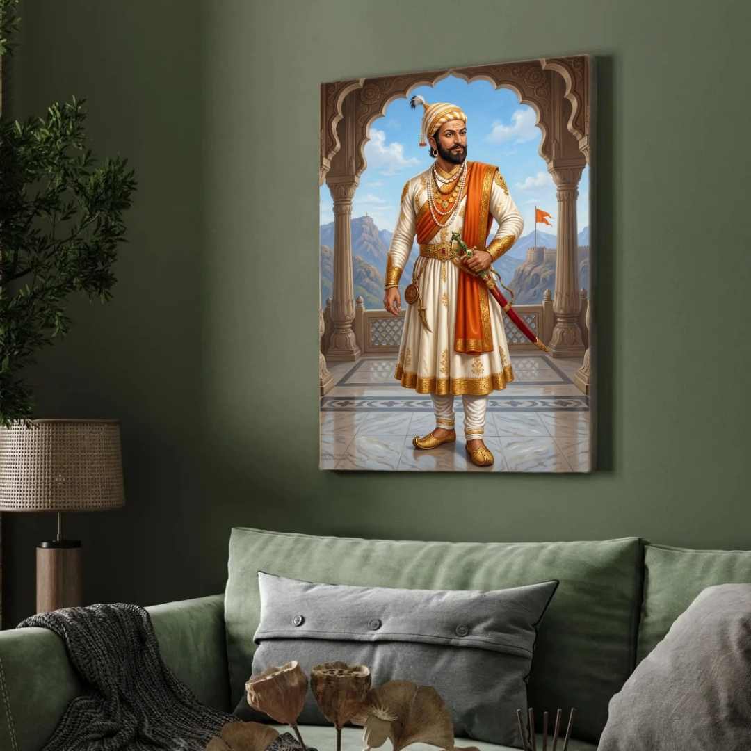Chhatrapati Shivaji Maharaj Regal Portrait Painting | Vertical Black Framed Wall Art 3 : 4 Vertical Premium Wall Art Canvas by MeriDeewar