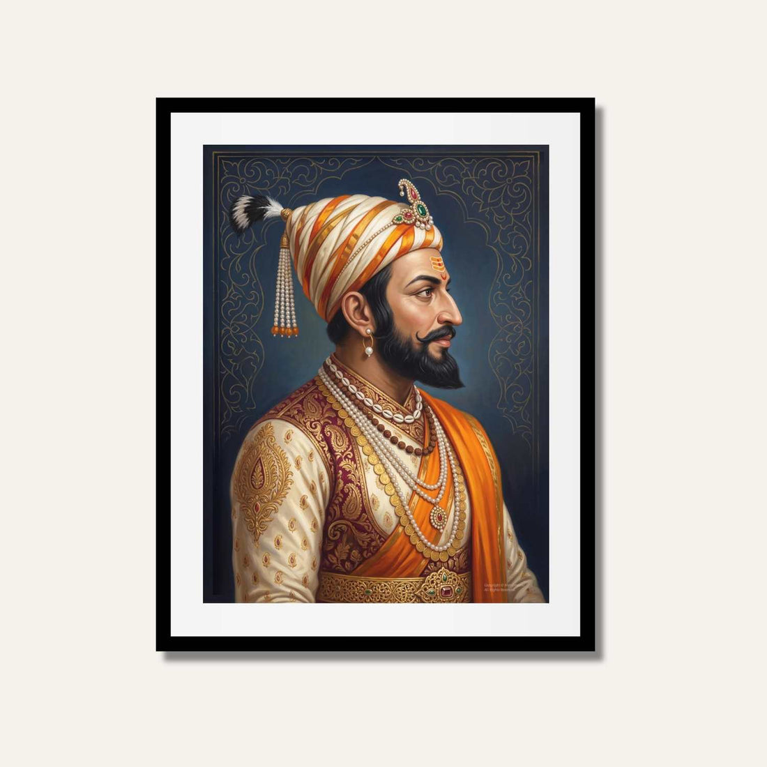 Chhatrapati Shivaji Maharaj Regal Profile Portrait Painting | Vertical Black Framed Wall Art 3 : 4 Vertical Premium Wall Art Canvas by MeriDeewar