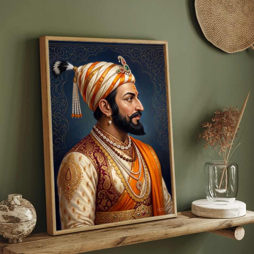 Chhatrapati Shivaji Maharaj Regal Profile Portrait Painting | Vertical Black Framed Wall Art 3 : 4 Vertical Premium Wall Art Canvas by MeriDeewar