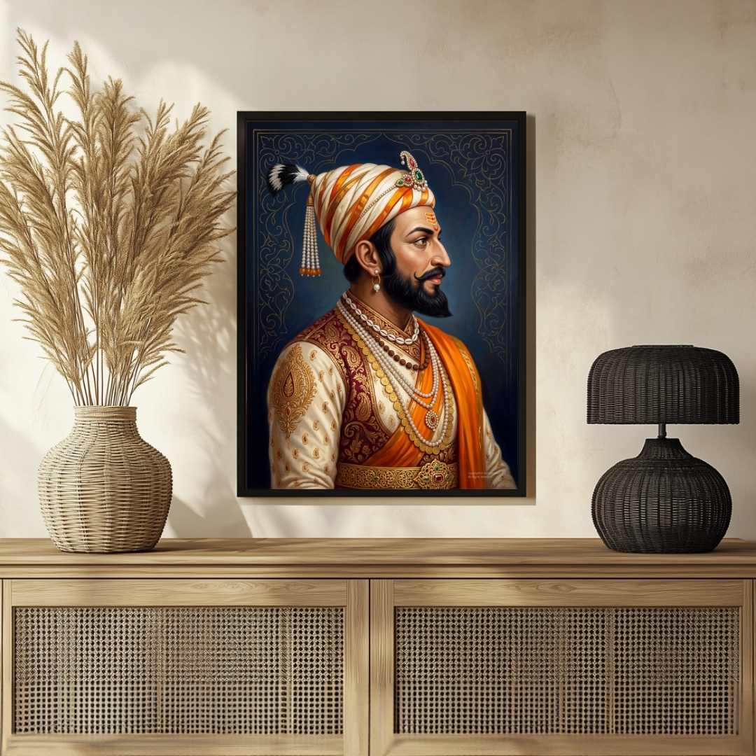 Chhatrapati Shivaji Maharaj Regal Profile Portrait Painting | Vertical Black Framed Wall Art 3 : 4 Vertical Premium Wall Art Canvas by MeriDeewar
