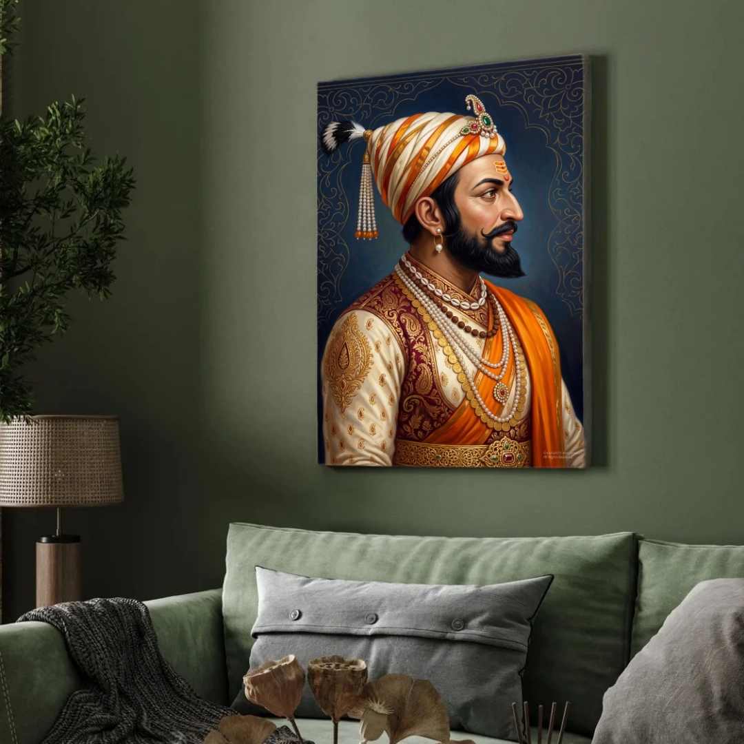 Chhatrapati Shivaji Maharaj Regal Profile Portrait Painting | Vertical Black Framed Wall Art 3 : 4 Vertical Premium Wall Art Canvas by MeriDeewar