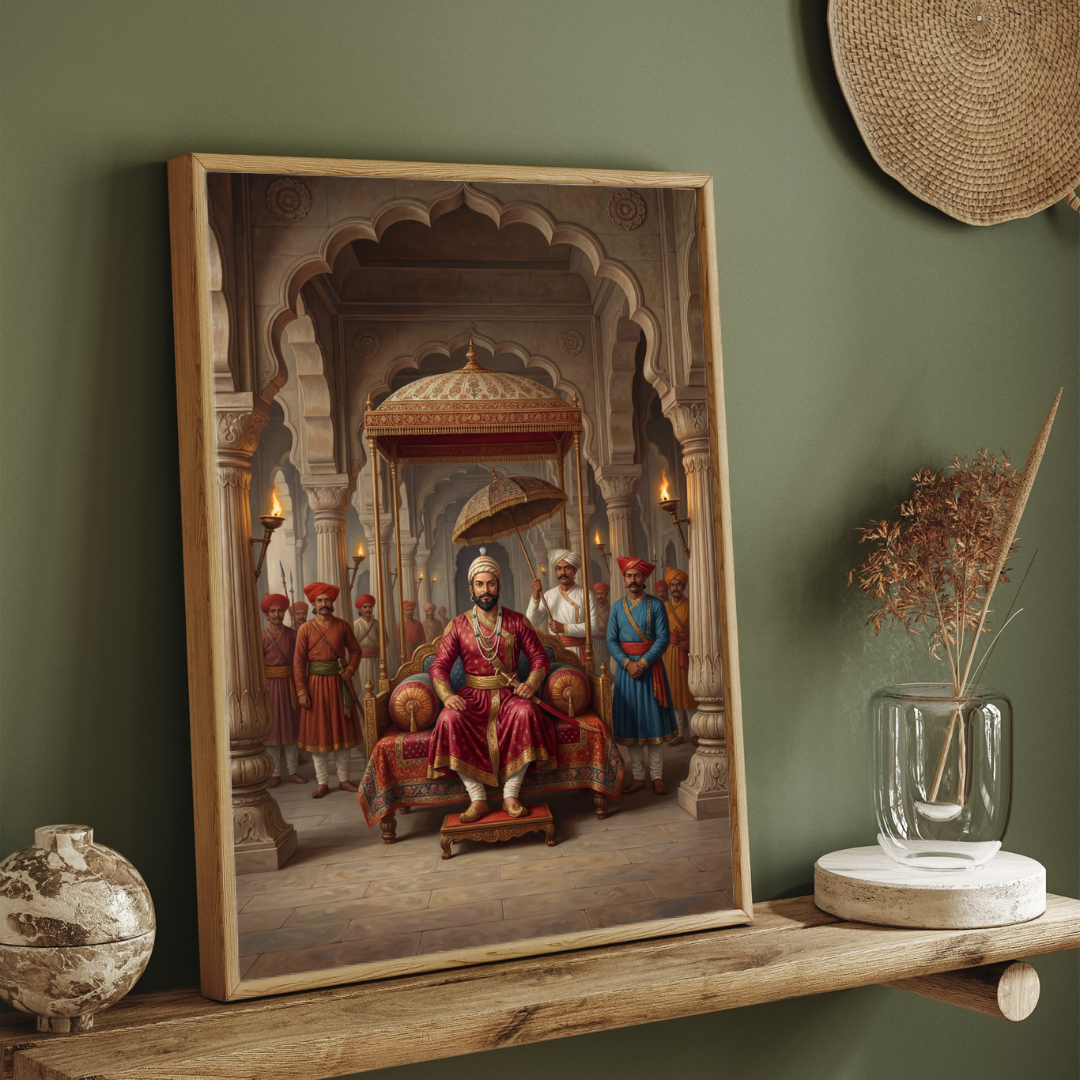 Chhatrapati Shivaji Maharaj Royal Durbar Wall Art | Vertical Oil Painting Framed Print 2 : 3 Vertical Premium Wall Art Canvas by MeriDeewar