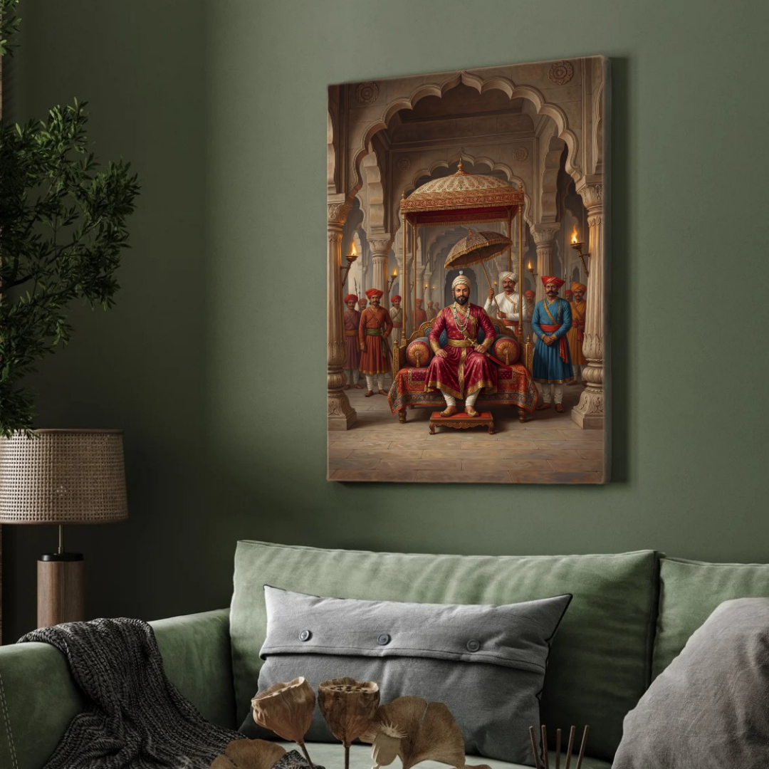Chhatrapati Shivaji Maharaj Royal Durbar Wall Art | Vertical Oil Painting Framed Print 2 : 3 Vertical Premium Wall Art Canvas by MeriDeewar