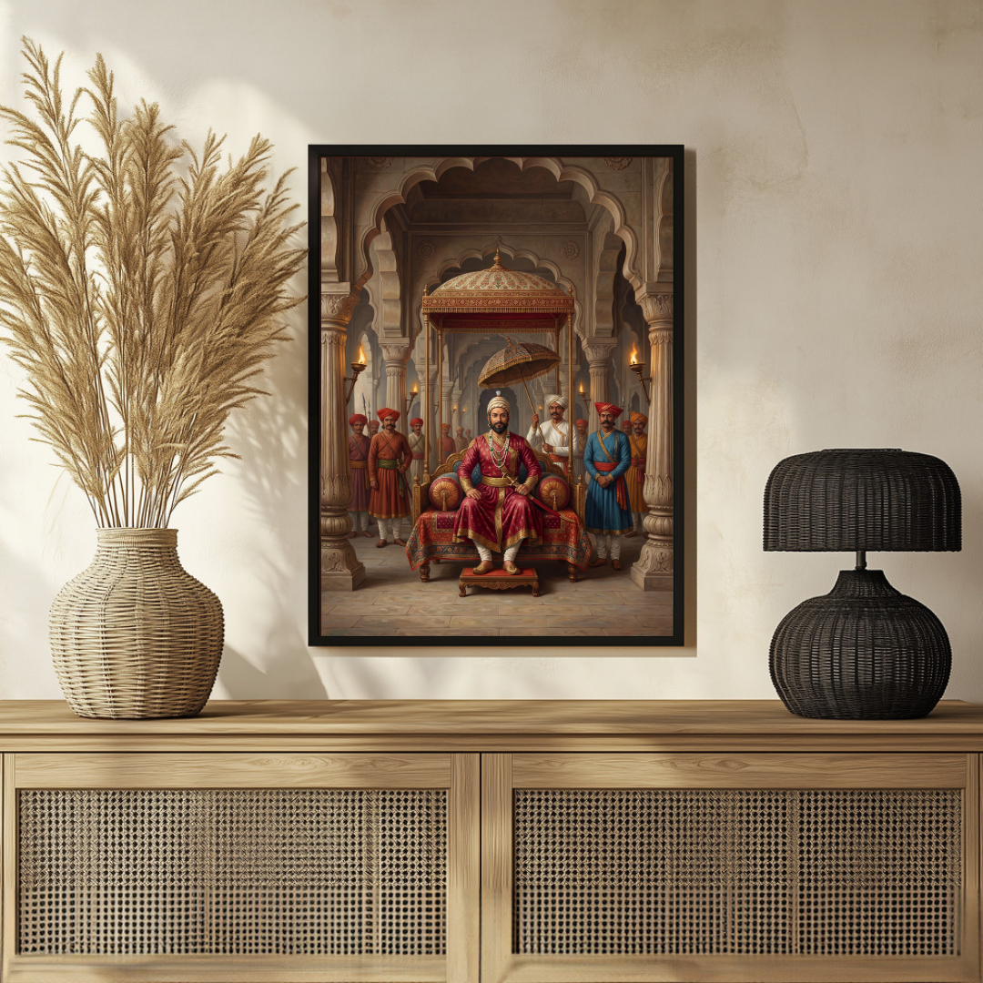 Chhatrapati Shivaji Maharaj Royal Durbar Wall Art | Vertical Oil Painting Framed Print 2 : 3 Vertical Premium Wall Art Canvas by MeriDeewar