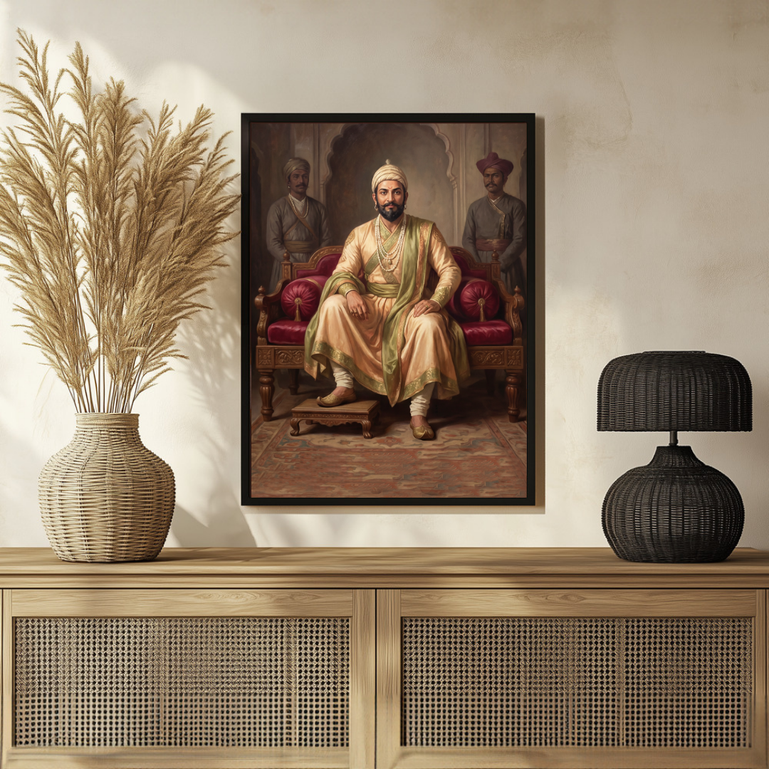 Chhatrapati Shivaji Maharaj Royal Seated Portrait | Edge-to-Edge Oil Painting Print 3 : 4 Vertical Premium Wall Art Canvas by MeriDeewar