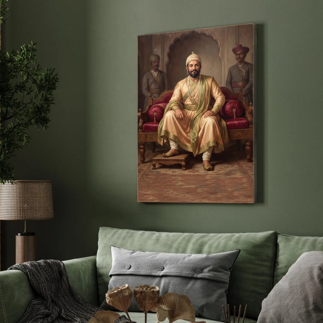 Chhatrapati Shivaji Maharaj Royal Seated Portrait | Edge-to-Edge Oil Painting Print 2 : 3 Vertical Premium Wall Art Canvas by MeriDeewar