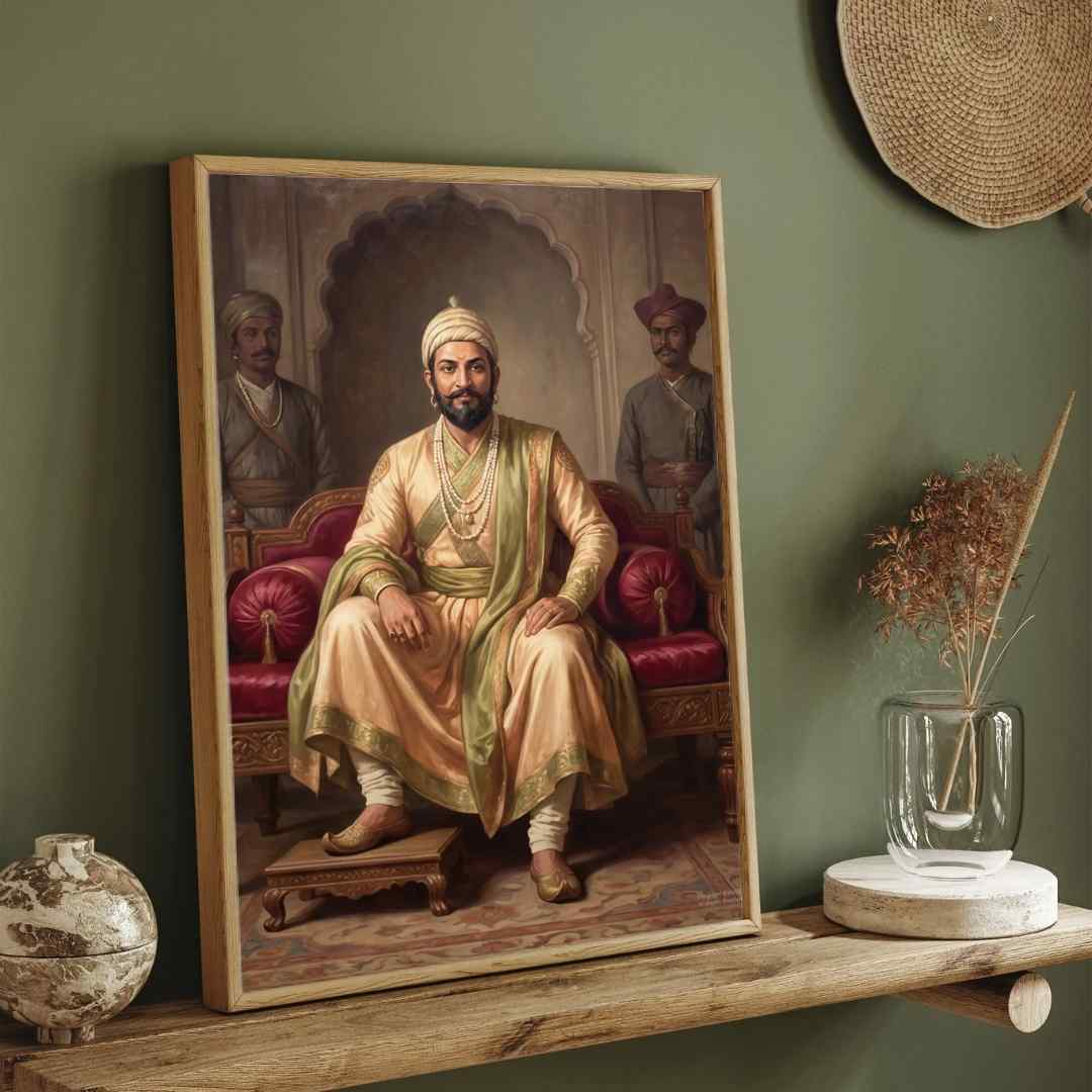 Chhatrapati Shivaji Maharaj Royal Seated Portrait | Edge-to-Edge Oil Painting Print 3 : 4 Vertical Premium Wall Art Canvas by MeriDeewar