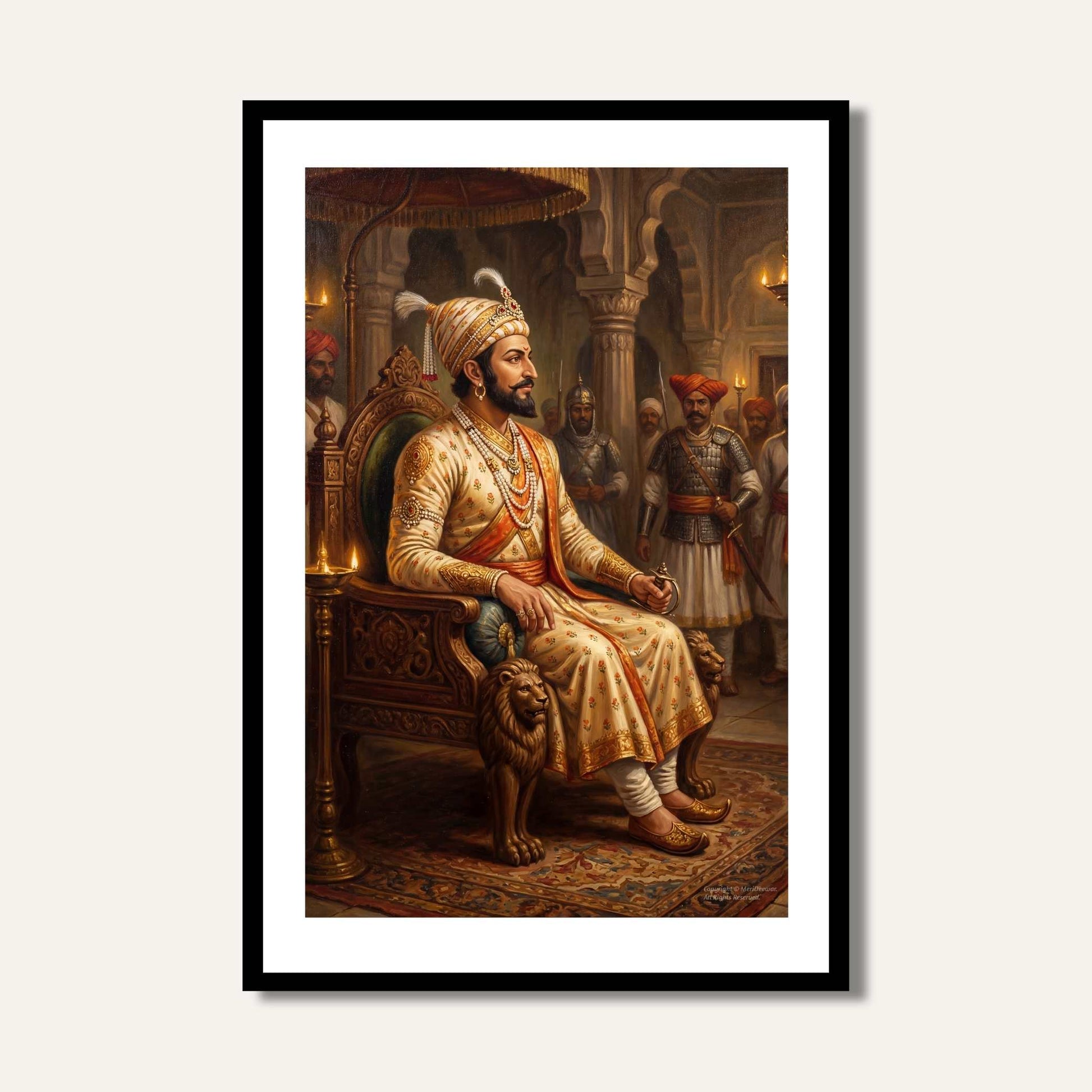 Chhatrapati Shivaji Maharaj Royal Throne Painting | Vertical Black Framed Wall Art 2 : 3 Vertical Premium Wall Art Canvas by MeriDeewar