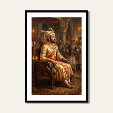 Chhatrapati Shivaji Maharaj Royal Throne Painting | Vertical Black Framed Wall Art 2 : 3 Vertical Premium Wall Art Canvas by MeriDeewar