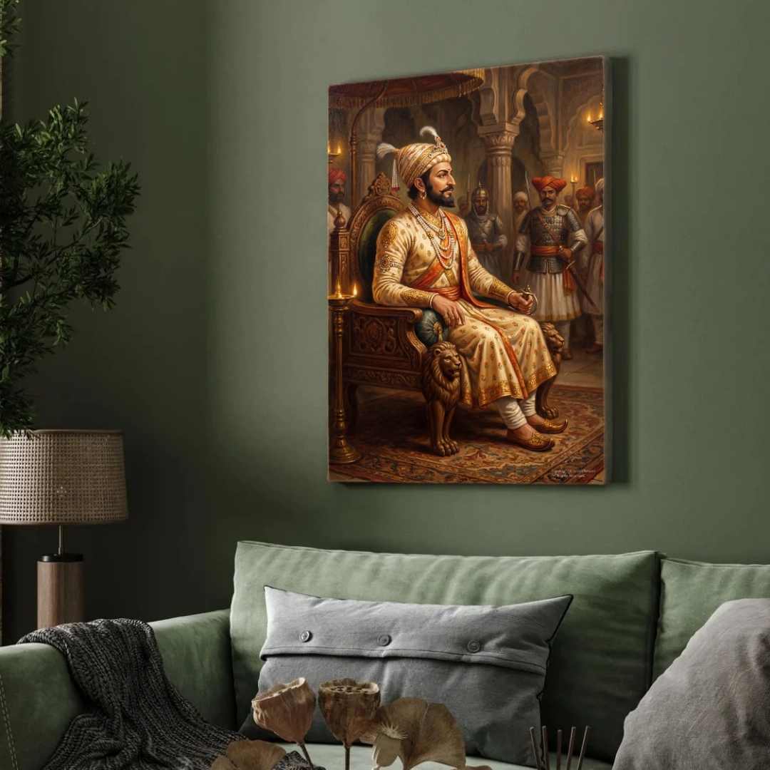 Chhatrapati Shivaji Maharaj Royal Throne Painting | Vertical Black Framed Wall Art 2 : 3 Vertical Premium Wall Art Canvas by MeriDeewar