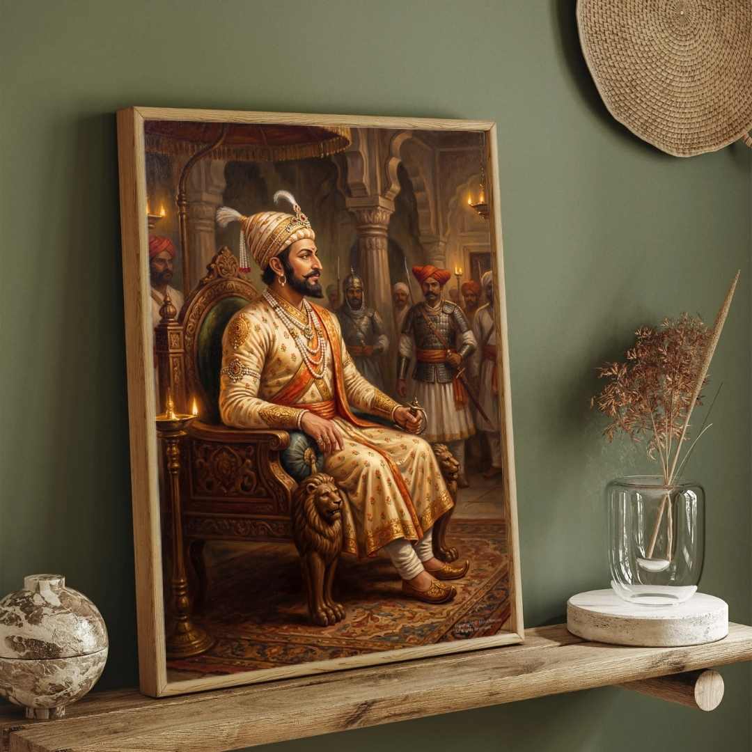 Chhatrapati Shivaji Maharaj Royal Throne Painting | Vertical Black Framed Wall Art 2 : 3 Vertical Premium Wall Art Canvas by MeriDeewar