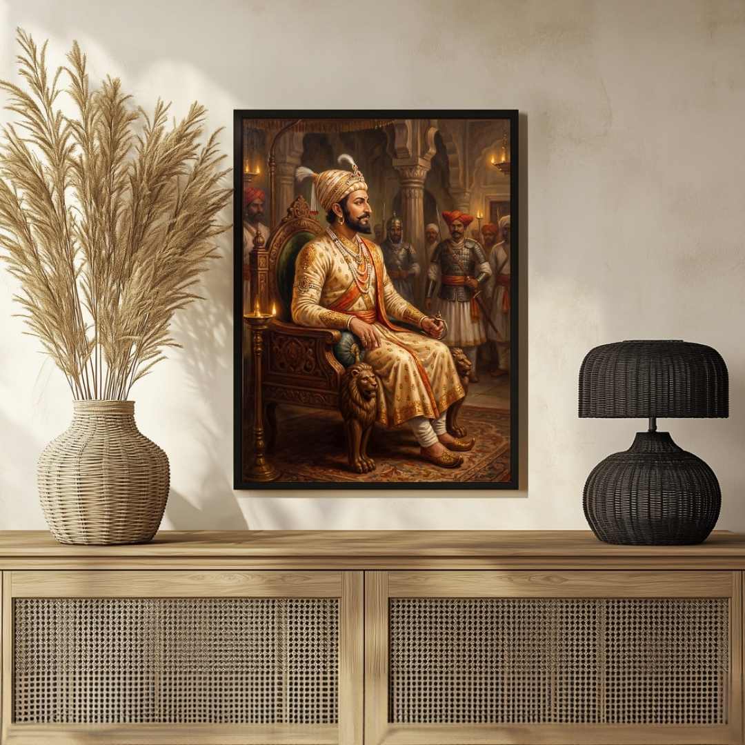 Chhatrapati Shivaji Maharaj Royal Throne Painting | Vertical Black Framed Wall Art 2 : 3 Vertical Premium Wall Art Canvas by MeriDeewar