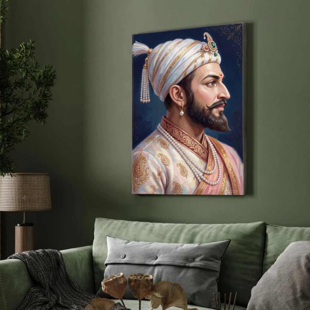 Chhatrapati Shivaji Maharaj Side Profile Portrait Painting | Vertical Black Framed Wall Art 2 : 3 Vertical Premium Wall Art Canvas by MeriDeewar