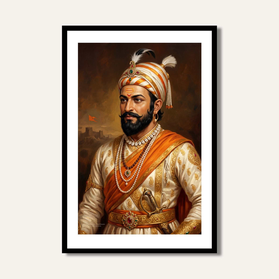 Chhatrapati Shivaji Maharaj Three-Quarter Portrait Painting | Vertical Black Framed Wall Art 2 : 3 Vertical Premium Wall Art Canvas by MeriDeewar