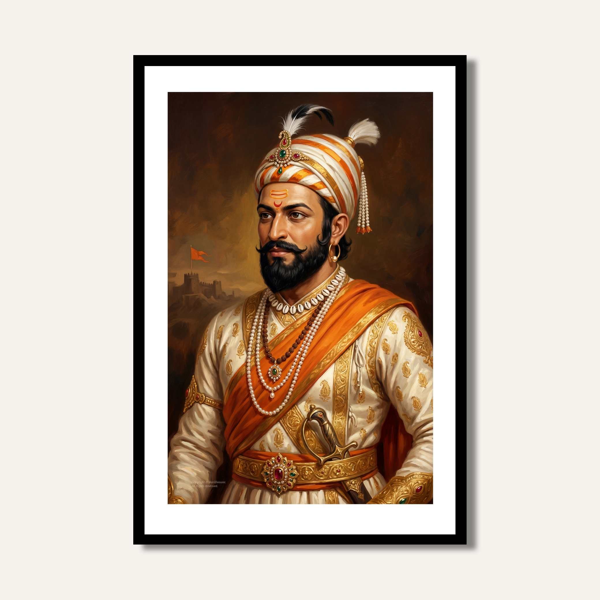 Chhatrapati Shivaji Maharaj Three-Quarter Portrait Painting | Vertical Black Framed Wall Art 2 : 3 Vertical Premium Wall Art Canvas by MeriDeewar