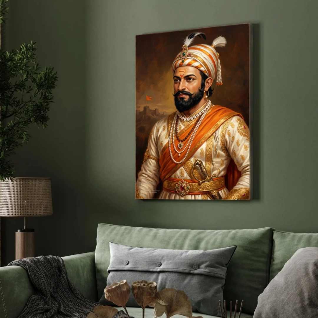 Chhatrapati Shivaji Maharaj Three-Quarter Portrait Painting | Vertical Black Framed Wall Art 2 : 3 Vertical Premium Wall Art Canvas by MeriDeewar