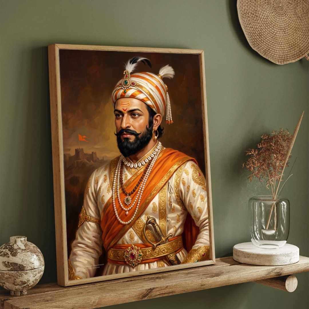 Chhatrapati Shivaji Maharaj Three-Quarter Portrait Painting | Vertical Black Framed Wall Art 2 : 3 Vertical Premium Wall Art Canvas by MeriDeewar