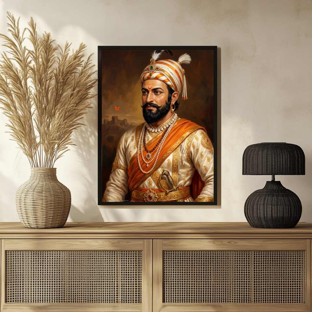 Chhatrapati Shivaji Maharaj Three-Quarter Portrait Painting | Vertical Black Framed Wall Art 2 : 3 Vertical Premium Wall Art Canvas by MeriDeewar