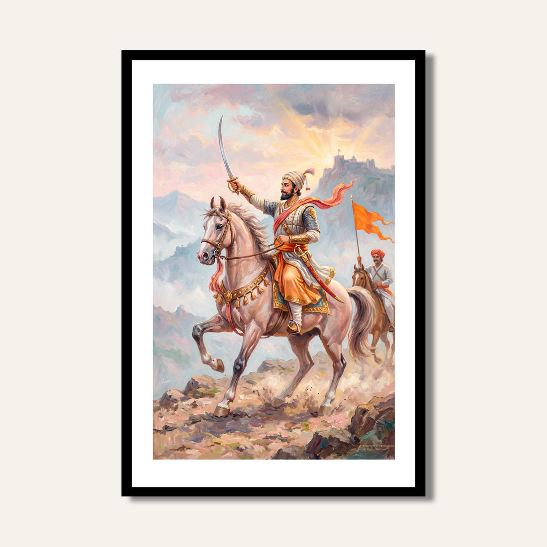 Chhatrapati Shivaji Maharaj Warrior Sunrise Painting | Vertical Framed Wall Art 2 : 3 Vertical Premium Wall Art Canvas by MeriDeewar