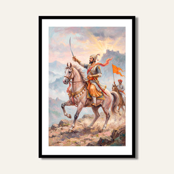 Chhatrapati Shivaji Maharaj Warrior Sunrise Painting | Vertical Framed Wall Art 2 : 3 Vertical Premium Wall Art Canvas by MeriDeewar