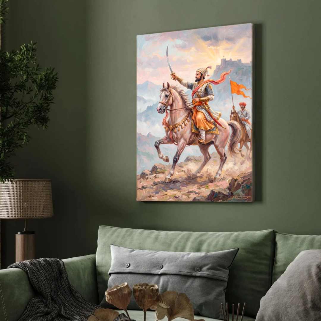 Chhatrapati Shivaji Maharaj Warrior Sunrise Painting | Vertical Framed Wall Art 2 : 3 Vertical Premium Wall Art Canvas by MeriDeewar