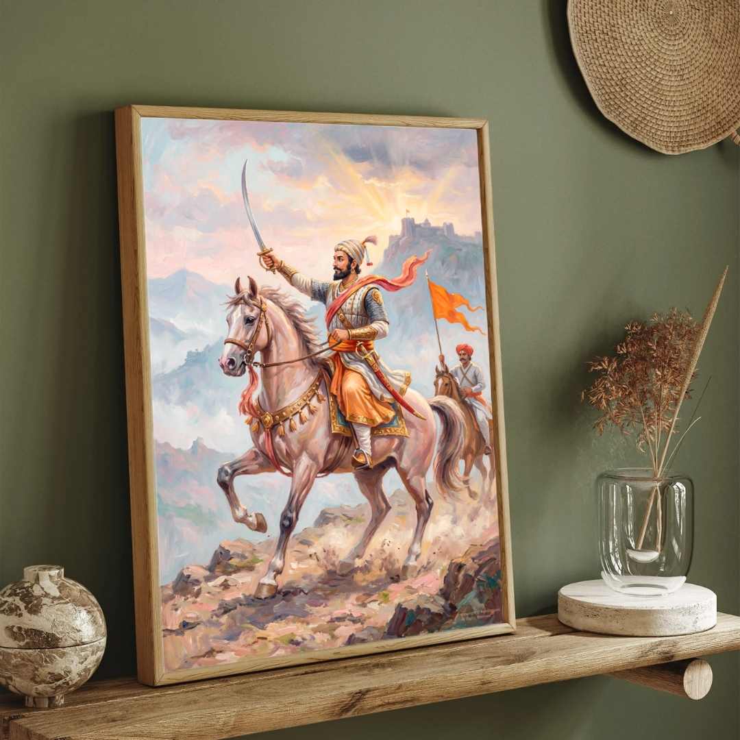 Chhatrapati Shivaji Maharaj Warrior Sunrise Painting | Vertical Framed Wall Art 2 : 3 Vertical Premium Wall Art Canvas by MeriDeewar
