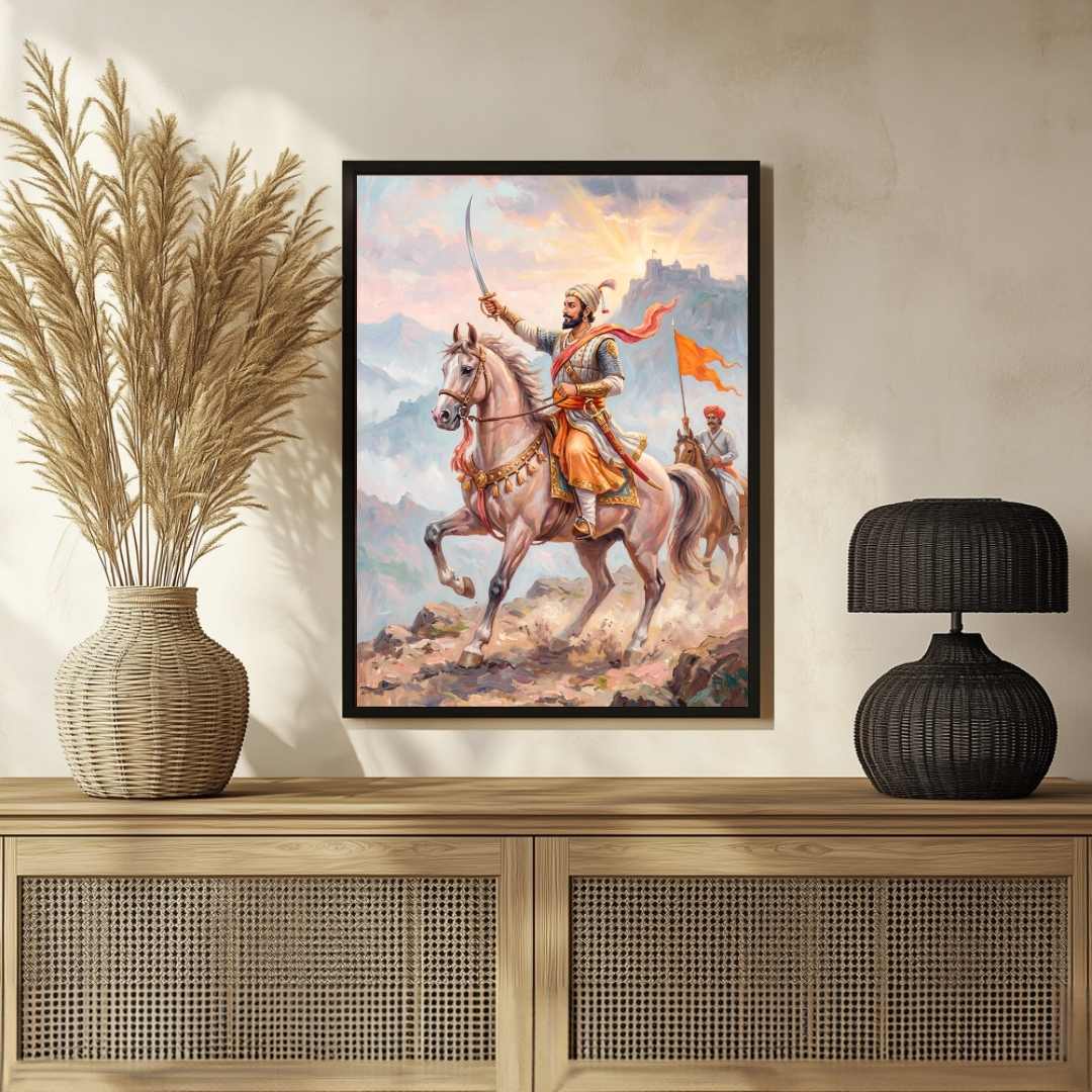 Chhatrapati Shivaji Maharaj Warrior Sunrise Painting | Vertical Framed Wall Art 2 : 3 Vertical Premium Wall Art Canvas by MeriDeewar