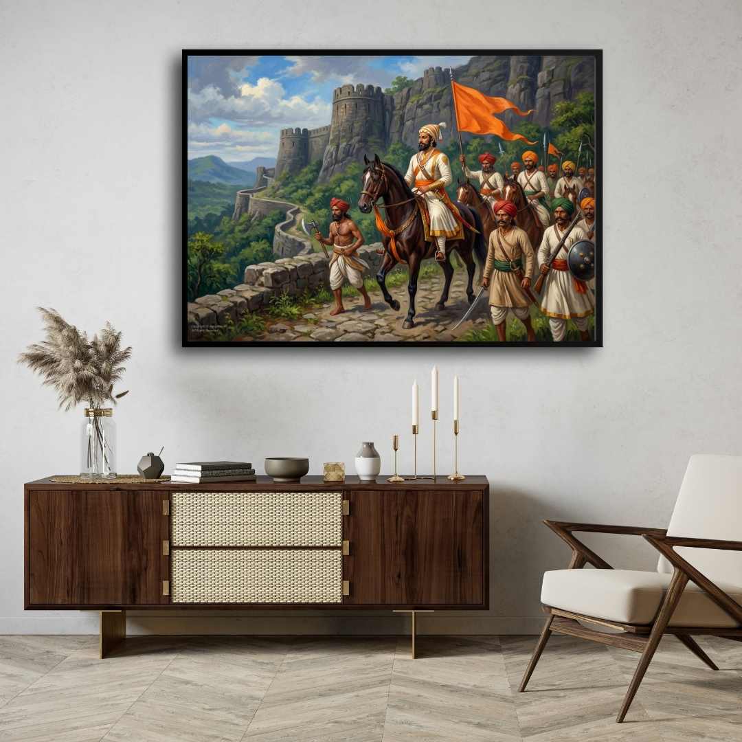 Chhatrapati Shivaji Maharaj With Maratha Army Painting | Horizontal  Black Framed Wall Art 3 : 2 Horizontal Premium Wall Art Canvas by MeriDeewar