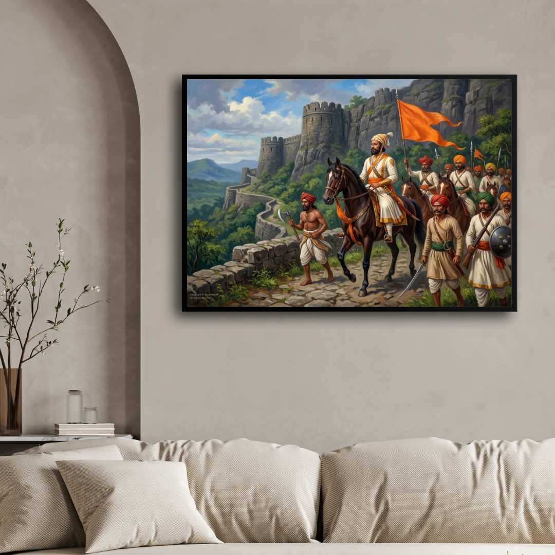 Chhatrapati Shivaji Maharaj With Maratha Army Painting | Horizontal  Black Framed Wall Art 3 : 2 Horizontal Premium Wall Art Canvas by MeriDeewar