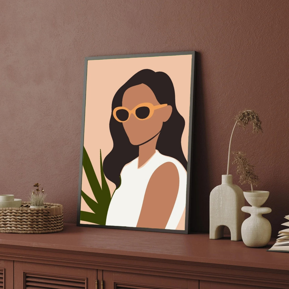 Chic Minimalist – Modern Woman with Sunglasses Wall Art Print 2 : 3 Vertical Premium Wall Art Canvas by MeriDeewar
