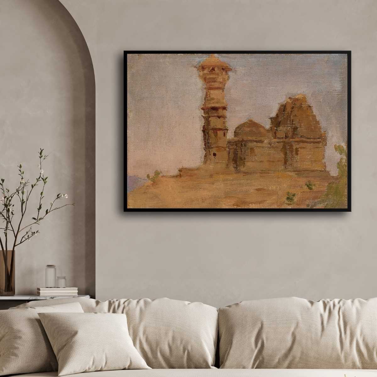 Chittorgarh Desert Temple Oil Painting | Horizontal Framed Print 4 : 3 Horizontal Premium Wall Art Canvas by MeriDeewar
