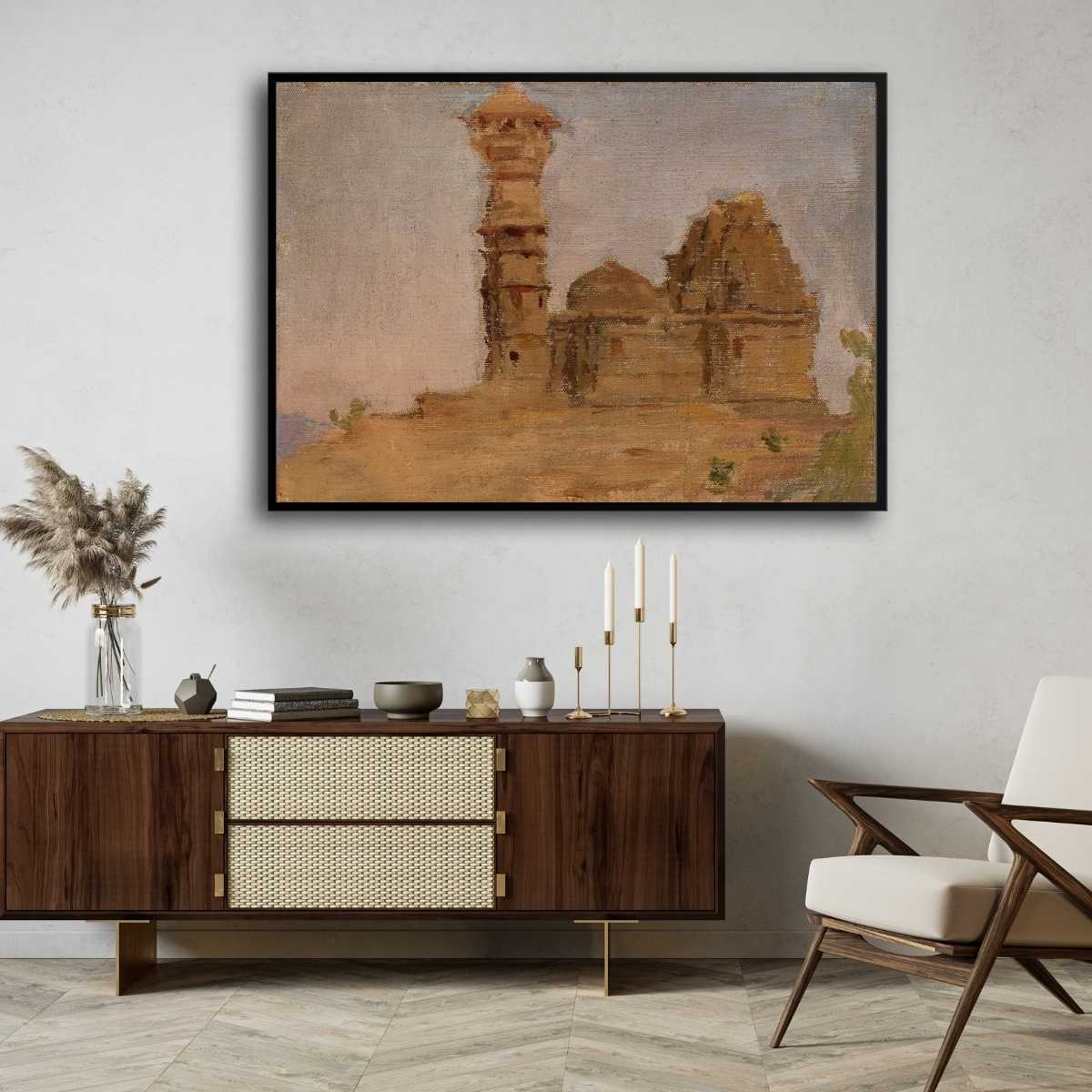 Chittorgarh Desert Temple Oil Painting | Horizontal Framed Print 4 : 3 Horizontal Premium Wall Art Canvas by MeriDeewar