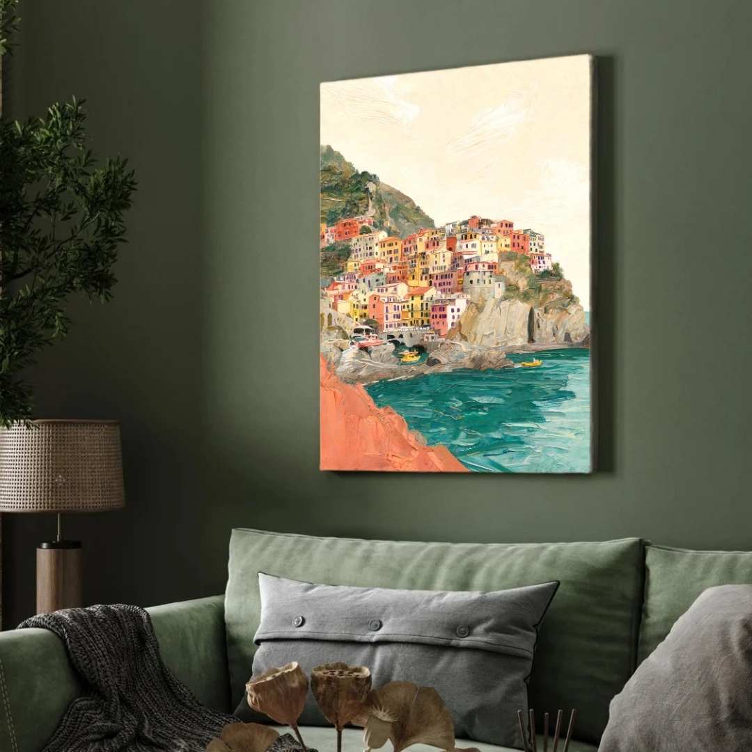 Cinque Terre Italian Coast Impressionist Painting | Vertical Coastal Framed Wall Art 2 : 3 Vertical Premium Wall Art Canvas by MeriDeewar