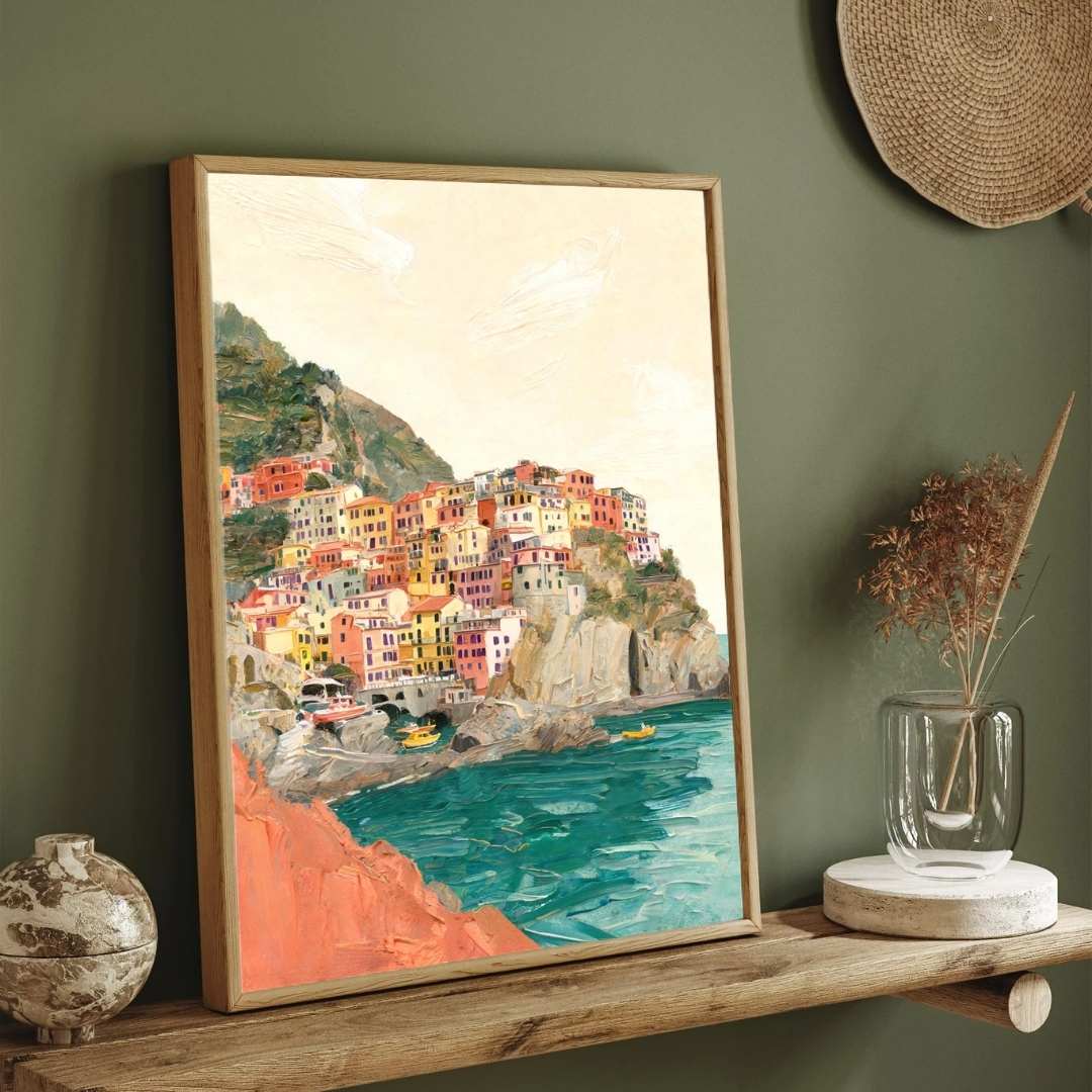 Cinque Terre Italian Coast Impressionist Painting | Vertical Coastal Framed Wall Art 2 : 3 Vertical Premium Wall Art Canvas by MeriDeewar