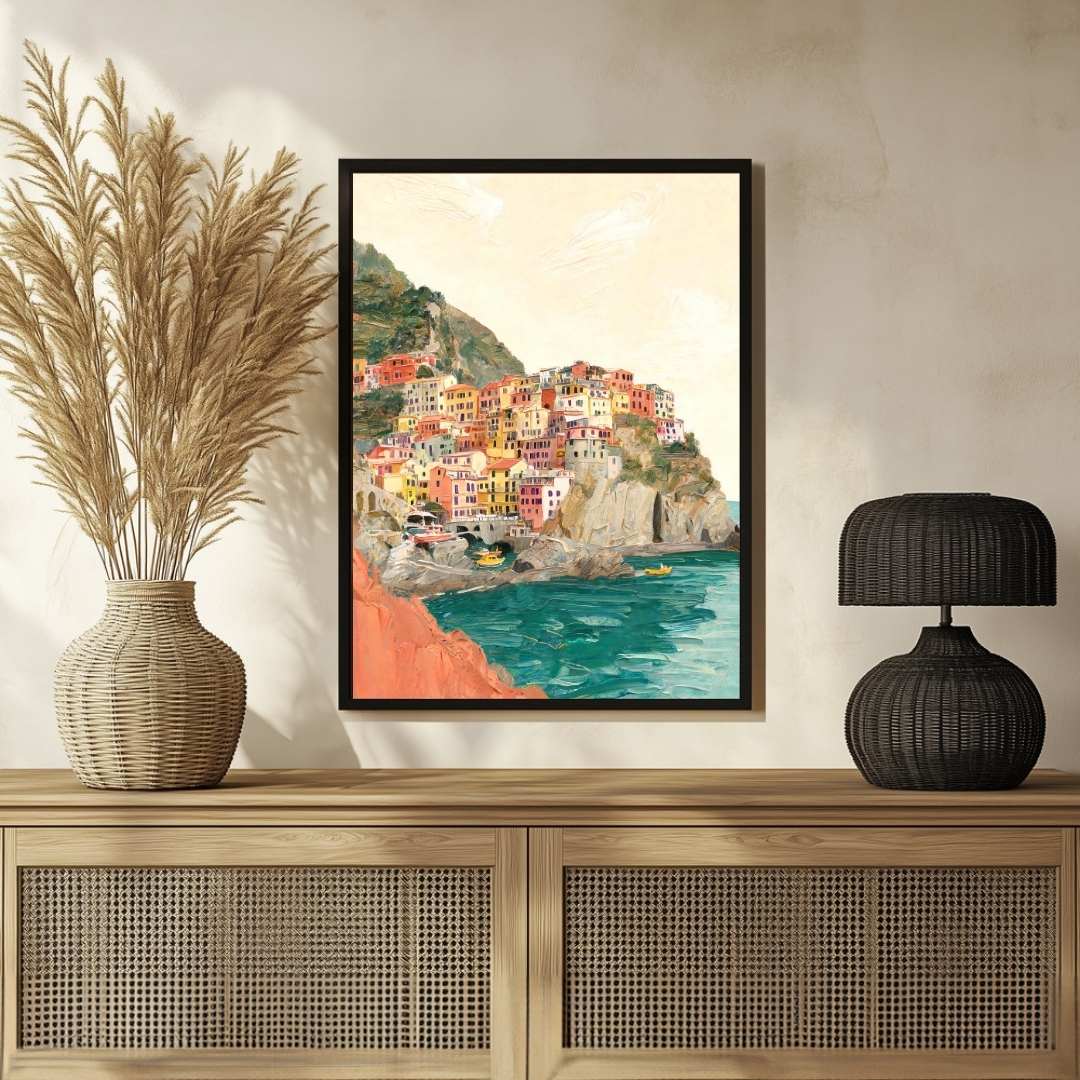 Cinque Terre Italian Coast Impressionist Painting | Vertical Coastal Framed Wall Art 2 : 3 Vertical Premium Wall Art Canvas by MeriDeewar