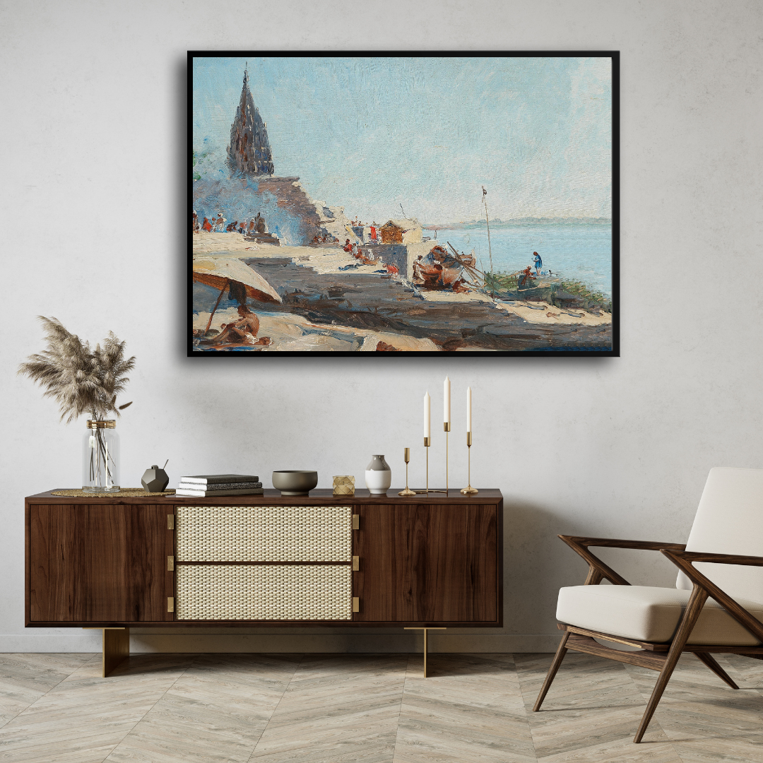 Classic Varanasi Ghats Daytime Impressionist Wall Art | Vintage River Ganges Print 3 : 2 Horizontal Premium Wall Art Canvas by MeriDeewar