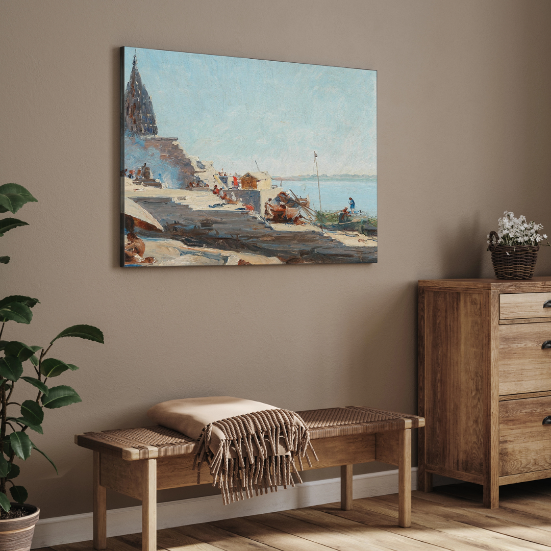 Classic Varanasi Ghats Daytime Impressionist Wall Art | Vintage River Ganges Print 3 : 2 Horizontal Premium Wall Art Canvas by MeriDeewar