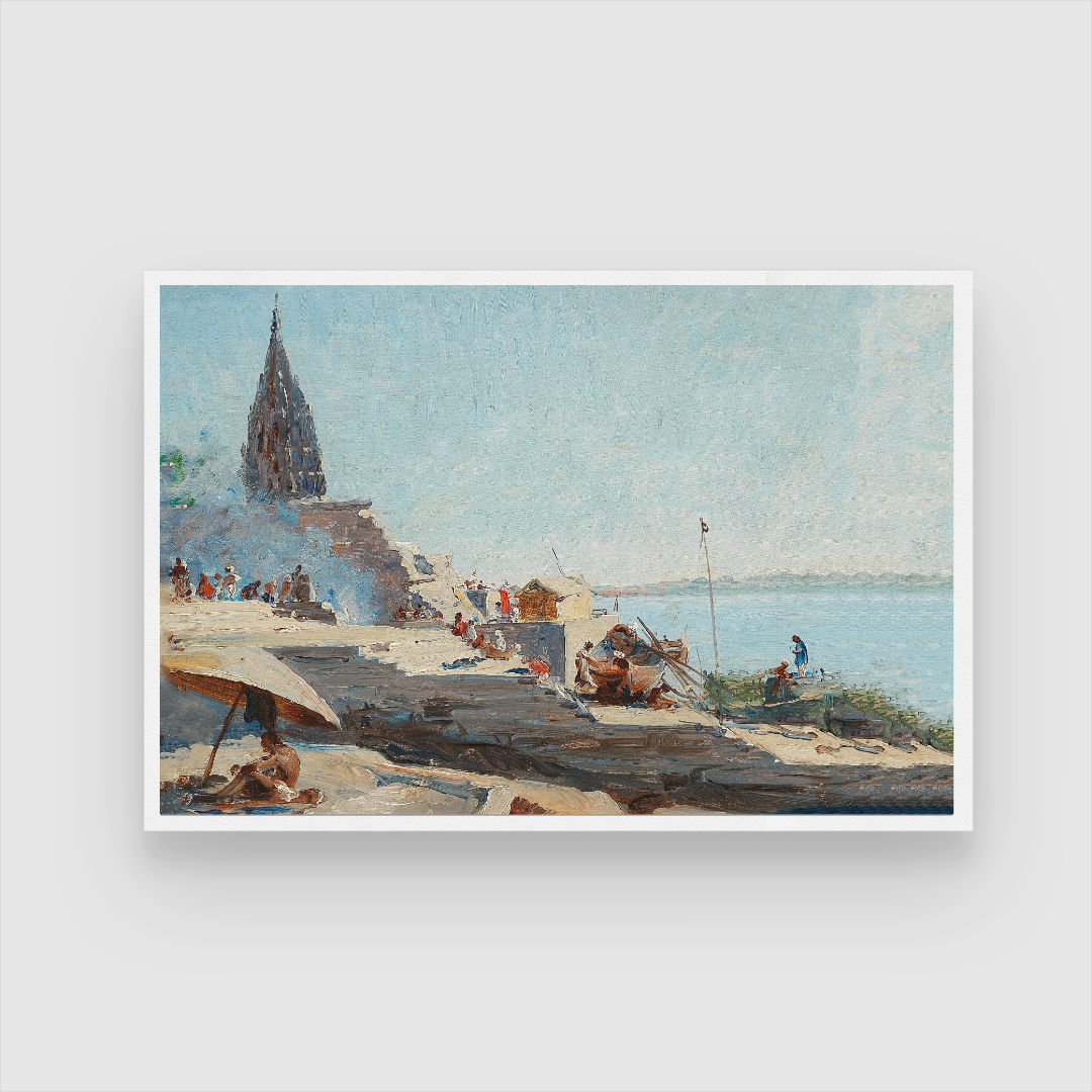 Classic Varanasi Ghats Daytime Impressionist Wall Art | Vintage River Ganges Print 3 : 2 Horizontal Premium Wall Art Canvas by MeriDeewar