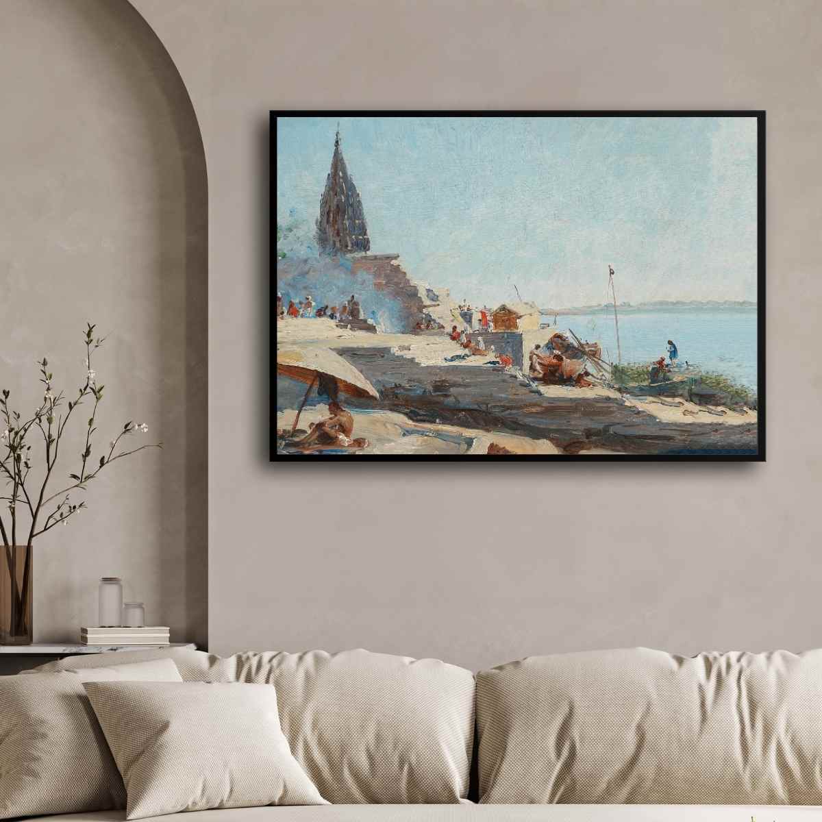 Classic Varanasi Ghats Daytime Impressionist Wall Art | Vintage River Ganges Print 3 : 2 Horizontal Premium Wall Art Canvas by MeriDeewar