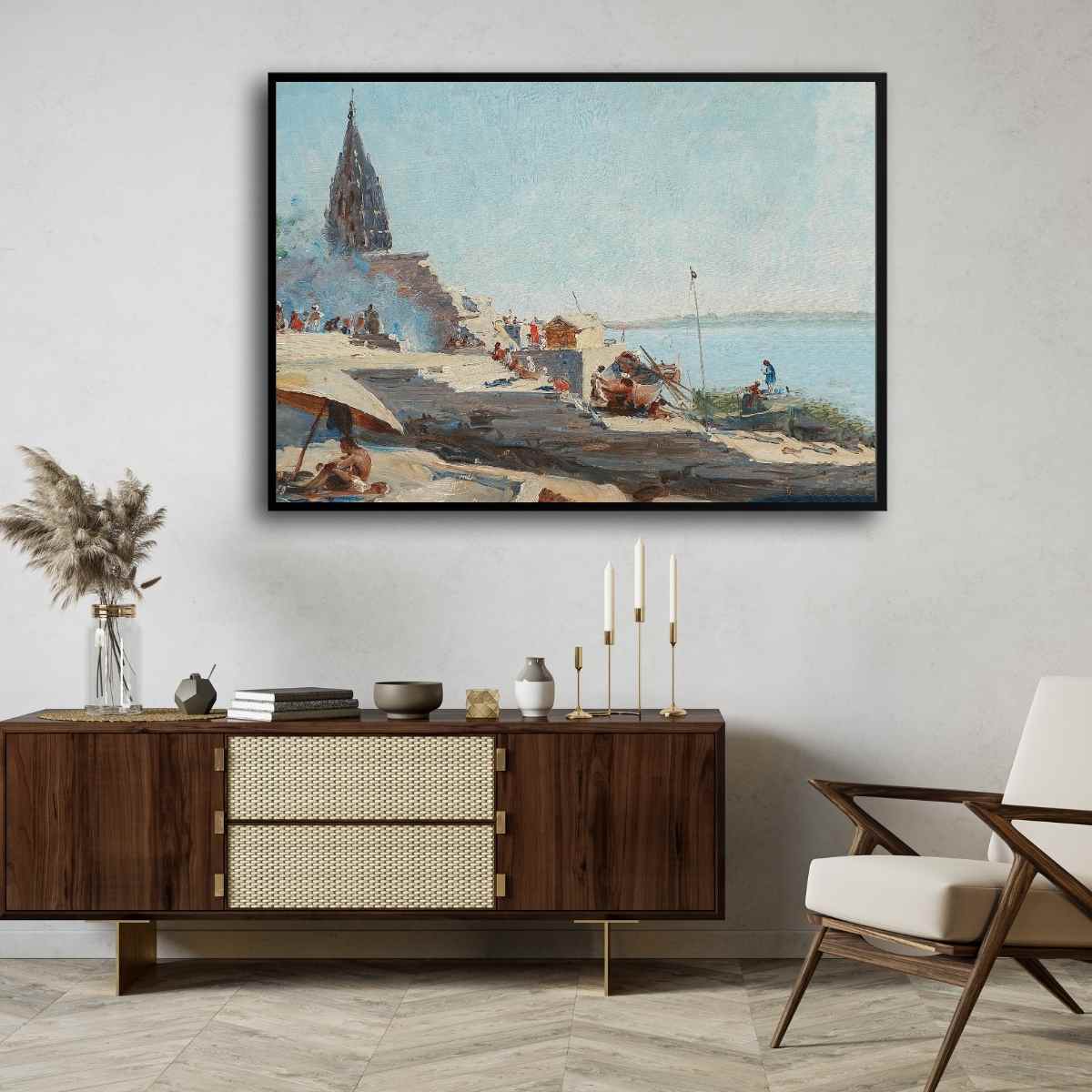 Classic Varanasi Ghats Daytime Impressionist Wall Art | Vintage River Ganges Print 3 : 2 Horizontal Premium Wall Art Canvas by MeriDeewar