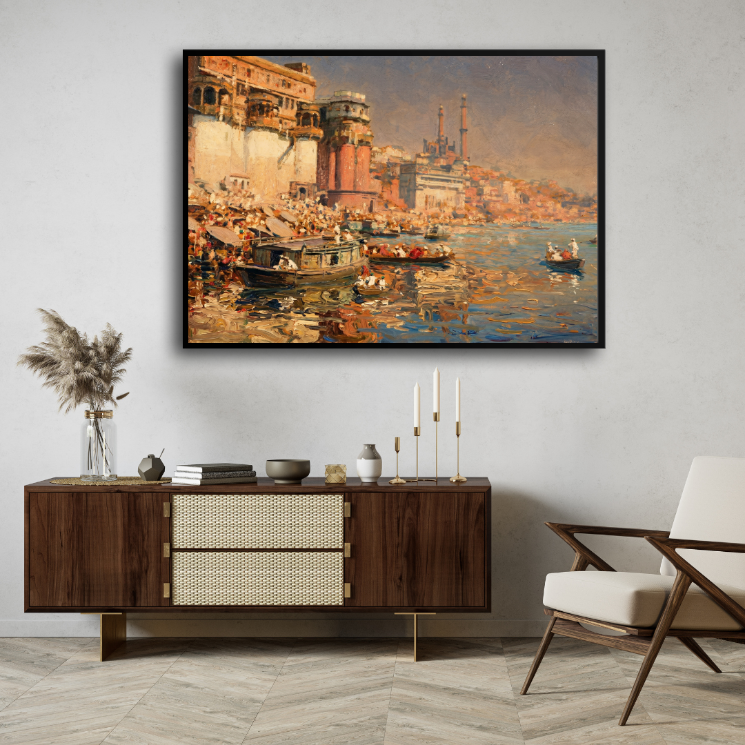 Classic Varanasi Ghats Impressionist Wall Art | Vintage Oil Painting Print 3 : 2 Horizontal Premium Wall Art Canvas by MeriDeewar